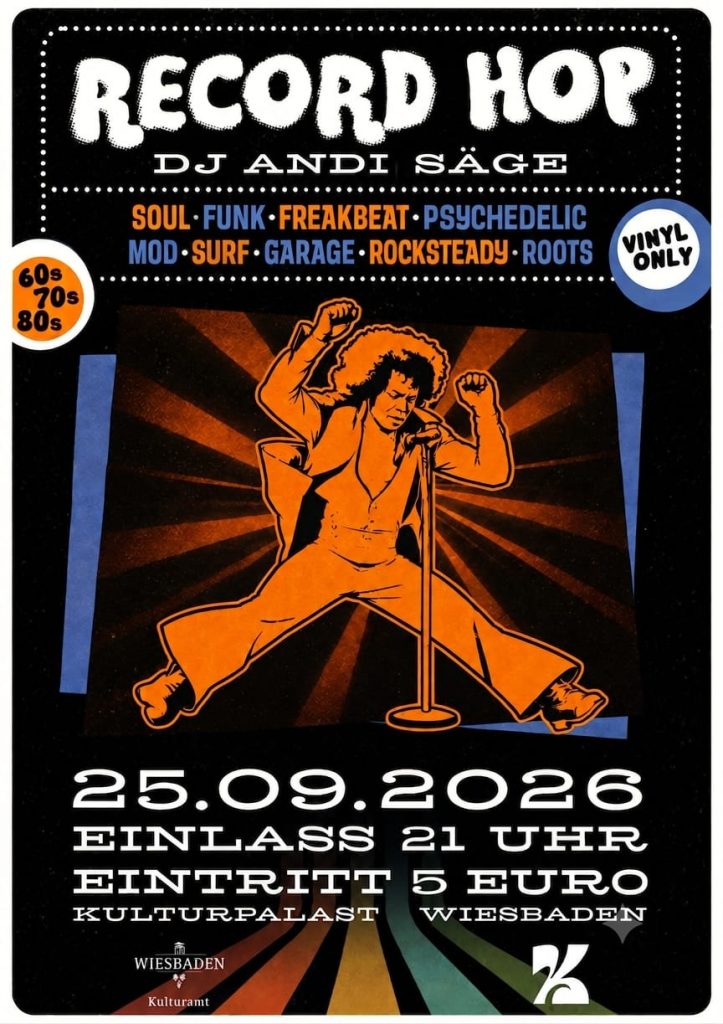 Herr Säge!
Befreite und entspannte Bewegungen durchführen, ohne schwere Kopflastigkeit?
Bitte ist möglich:
Soul, Funk, Mod, Garagenrock, Freakbeat, psychedelic- sounds, 70er Disco, tata schöne und seltene Hits aus 60/70/80 heute Abend.
Record hops durchgehend auf die unaufhaltsam drehenden Plattenteller.
Entdecke Freude am Tanzen, seltene und noch nie gehörte Grooves, z.B. deep funk Dampfwalzen aus den 60er. Bestes Beispiel dafür James Brown.
Aber auch Garagenrock wird wieder eure Ohrläppchen flattern lassen.
Auch Wünsche dürfen geäußert werden, wenn ihr durch die Massen bis zum Discjockey durchkommen solltet.
Ja, der Spaß steht im Vordergrund, der liebe Ernst Hintergrund.
Dj Herr Säge ist hoch motiviert.
Seid gespannt.
Garantiert: hüftgoldvernichtende Hits! +tausende Glücksmomente